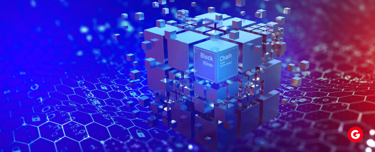 3D blockchain cube structure with digital hexagon network in the background, symbolizing risk management and security in forex trading.