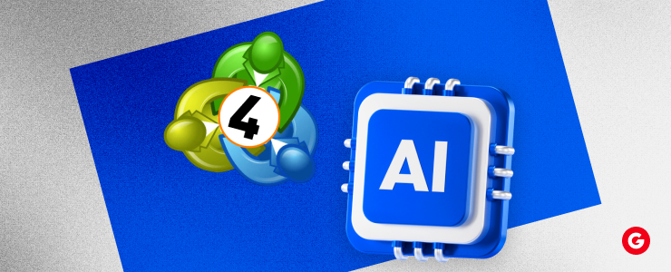 MetaTrader 4 logo next to a 3D AI chip icon on a blue background, representing LLM-powered AI integration in MT4 Forex trading