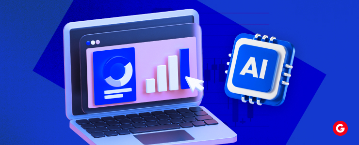 Laptop showing trading analytics next to an AI chip icon, symbolizing artificial intelligence in trading.