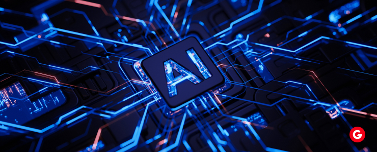 Close-up of a digital AI chip with glowing circuits, symbolizing artificial intelligence tools used in forex and CFD trading.