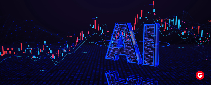 3D AI text over a digital forex trading chart with candlesticks and market data, representing artificial intelligence and volatility in financial markets.