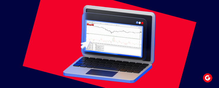A 3D-rendered laptop shows a forex trading chart with market data and indicators on its screen. The background features bold red and dark blue tones, representing CFD traders, digital trading, and market analysis