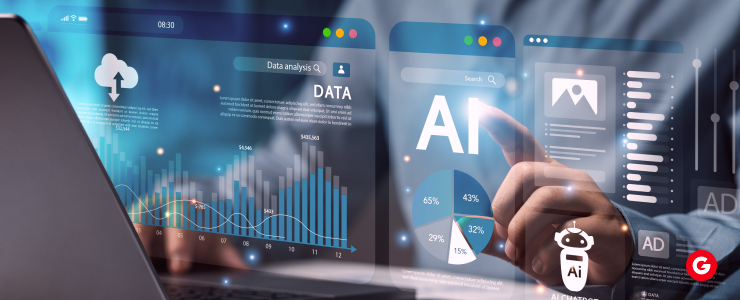 Person using a laptop with MetaTrader 4 virtual screens showing data charts, AI analytics, and forex trading dashboards