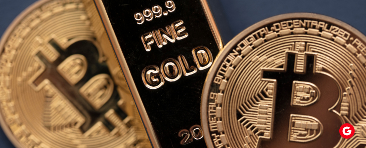 Close-up digital image showing gold bars and Bitcoin coins together, representing correlation trades between cryptocurrency and gold as alternative investment assets.