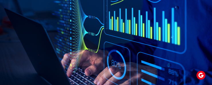 Hands typing on a laptop with overlaid charts, graphs, and neural network visuals, illustrating AI-assisted Forex trading