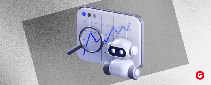 3D illustration of a robot next to an MetaTrader 4 trading chart with a rising line and a magnifying glass, symbolizing forex trading analysis