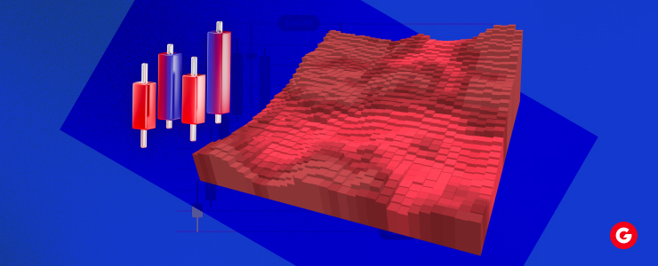 3D red heatmap with forex candlestick charts, representing social sentiment data predicting EUR/USD breakouts.