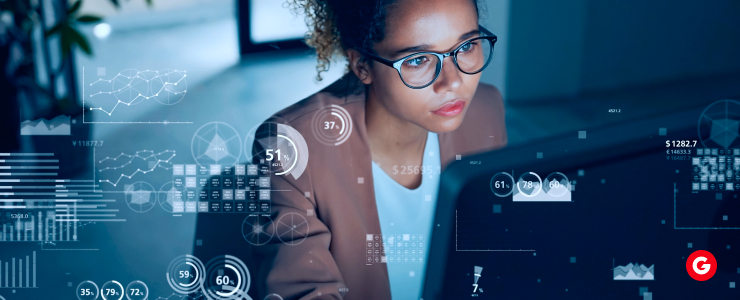 Forex trader analyzing AI-driven market data and digital financial charts on a computer screen for automated currency trading strategies