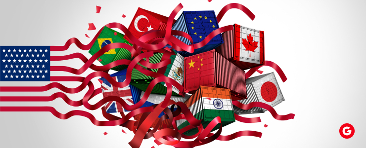 Visual representation of the USA, focusing on U.S. tariffs and forex pairs.