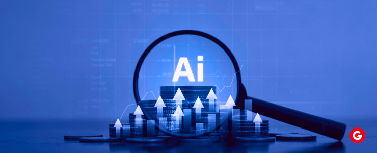 Magnifying glass over rising charts and coins with ‘AI’ text, illustrating how AI forecasts central bank market movements