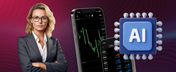 A woman dressed in business attire is showcasing an AI-powered mobile application for MT4 trading.
