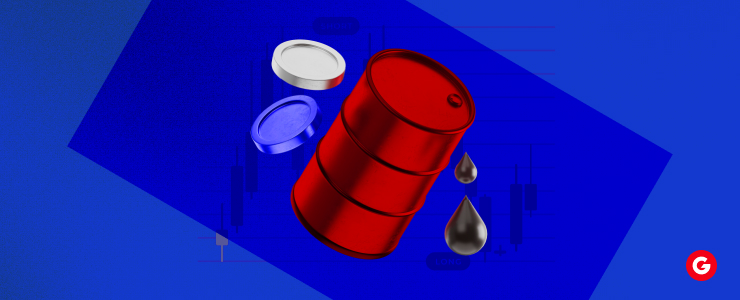 A red barrel against a blue background, symbolizing oil trading and forex correlation amid geopolitical shocks.